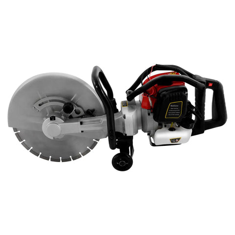Professional Grade 52CC Two Stroke Gas Concrete Cutting Saw Featuring A Rugged Workhorse Design With 13 Inch Diamond Blade And Sturdy Rubber Wheels For Quick Slab Jobs, showcasing the side view with blade.