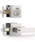 Exterior Door Lock Set With Deadbolt And Entry Lever In Satin Nickel Finish Built To Last Heavy Duty Single Cylinder Lockset For Front Doors Reversible Handle Ideal For Residential Or Commercial Use, shown from side angle