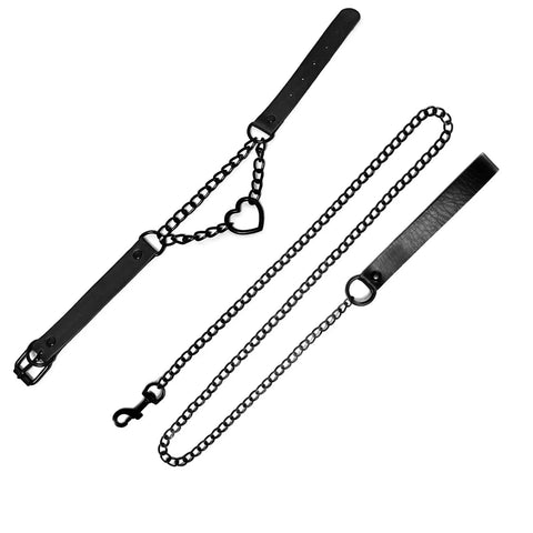 Dope Love Heart Choker Necklace Crafted From Thick Vinyl Leather Collar With Soft Plush Velvet Lining Adjusts Easily For Necks Up To Fifteen Inches Stacks Well With Body Chains For A Badass Gothic Vibe, black strap and chain detail.