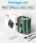 Hands Free Waist And Neck Fan With 14000 RPM Brushless Motor, fan, box, charging cable, and lanyard on table