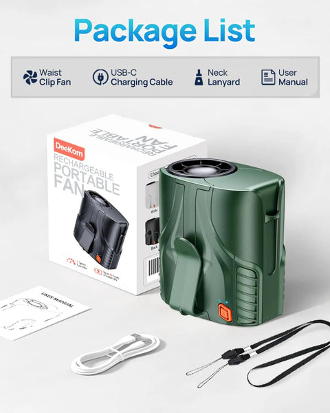Hands Free Waist And Neck Fan With 14000 RPM Brushless Motor, fan, box, charging cable, and lanyard on table