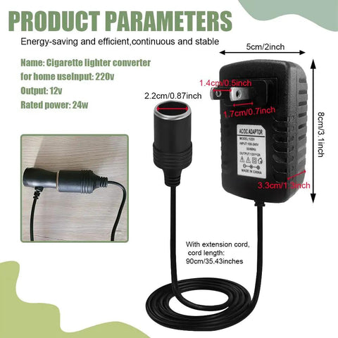 No Fuss Plug And Play AC To DC Converter And Car Cigarette Lighter Adapter with compact design and extension cord for easy setup.
