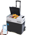 App Controlled Electric Cooler And Freezer, 52 Quart Portable Compressor Fridge For Cars And RV, with open lid and food inside.