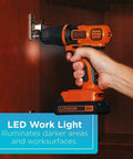 Cordless Drill And Impact Driver Combo Kit With 20V Max Battery And Charger, Three Eighths Inch Chuck, LED work light feature in use