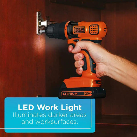 Cordless Drill And Impact Driver Combo Kit With 20V Max Battery And Charger, Three Eighths Inch Chuck, LED work light feature in use