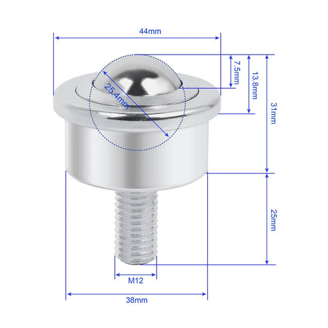 Roller Ball Transfer Bearing Casters 1 Inch Diameter M12 Ball Transfer Unit with dimensions and stud mount