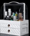 White plastic makeup organizer with clear lid and two drawers, featuring 50 pcs mini ring pull handles for jewelry boxes and small drawers.