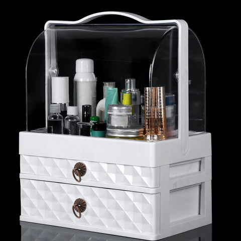 White plastic makeup organizer with clear lid and two drawers, featuring 50 pcs mini ring pull handles for jewelry boxes and small drawers.