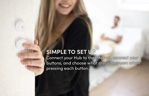 Person using Smart Button Starter Kit LR That Triggers Alexa Routines And HomeKit Scenes With Push Double Push And Hold Actions