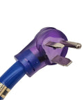 Heavy Duty Welder Extension Cord For Pros 50 Amp 250V NEMA 6-50 Right Angle Plug, close-up of connector and cable in blue