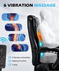 Diagram showing the Massaging Office Chair With Foot Rest And Heat, 6 Point Vibration, ergonomic features and remote control.