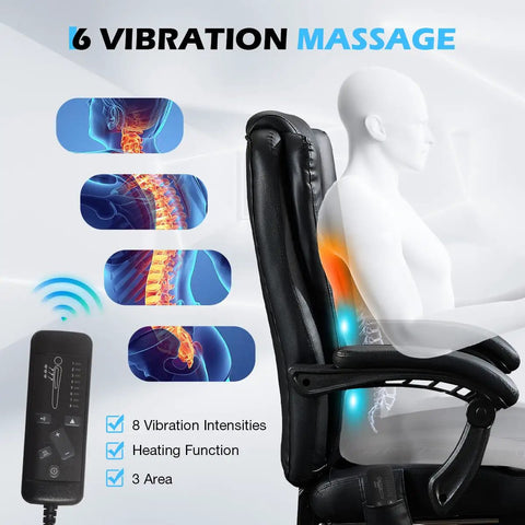 Diagram showing the Massaging Office Chair With Foot Rest And Heat, 6 Point Vibration, ergonomic features and remote control.