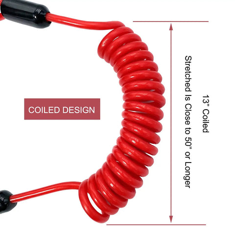 Close-up of coiled red safety cord, part of Emergency Kill Switch Lanyard Replacement For Jet Ski And Personal Watercraft.