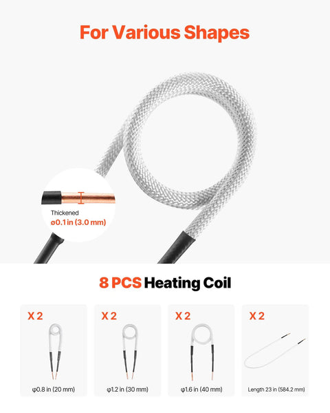 Induction Heater Bolt Removal Kit 1500W 110V with 8 coils for rusted screws, various coil sizes displayed with thickness detail.