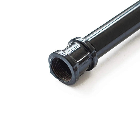 Close-up of a black iron pipe from 68 Inch Ceiling Mount Industrial Pipe Shelf Brackets Set 4 Pack Heavy Duty Black Iron Shelving Brackets