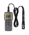 All In One Multi Parameter Water Quality Tester with LCD, electrode probe attached, measures pH, temp, ideal for aquaculture and lab.