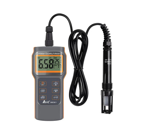 All In One Multi Parameter Water Quality Tester with LCD, electrode probe attached, measures pH, temp, ideal for aquaculture and lab.