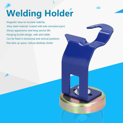 Heavy Duty Magnetic Welding Torch Holder With Secure Buckle Alloy Steel Base, blue hook design on magnetic base.