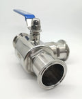 Angled side view of 2-inch stainless steel tri-clamp sanitary 3-way T-port ball valve with blue lever handle