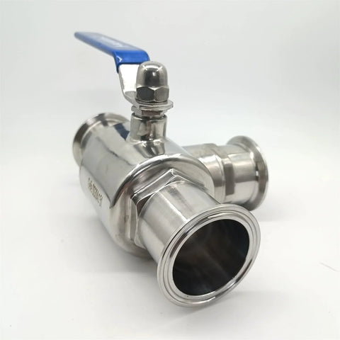 Angled side view of 2-inch stainless steel tri-clamp sanitary 3-way T-port ball valve with blue lever handle