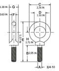 Technical diagram of 2 Pack Three Quarter Inch Lifting Shoulder Eye Bolts Beefy Heavy Duty Rigging Hardware with detailed measurements
