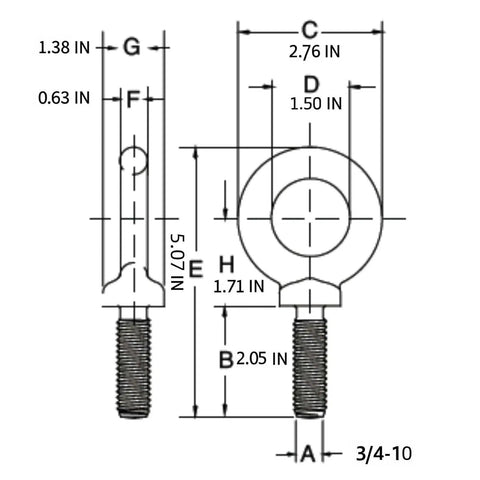 Technical diagram of 2 Pack Three Quarter Inch Lifting Shoulder Eye Bolts Beefy Heavy Duty Rigging Hardware with detailed measurements