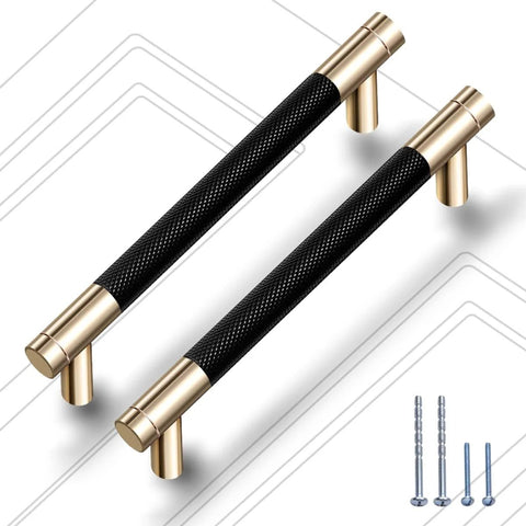 Two 12 pack knurled cabinet handles 5 inch hole center 6.2 inch length aluminum pulls, gold and black oxidation finish, shown with screws