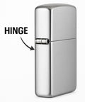 Hinge Pin Repair Kit For Zippo Lighters 2003 And Later, durable nickel silver hinge shown on a silver lighter