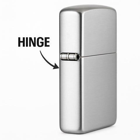 Hinge Pin Repair Kit For Zippo Lighters 2003 And Later, durable nickel silver hinge shown on a silver lighter