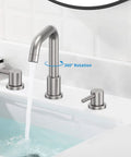 8 Inch Widespread Bathroom Faucet With 3 Hole Mount Two Handles Pop Up Drain CUPC Lead Free Supply Hose Ceramic Valve Core For Smooth Leak Free Water Control In Brushed Nickel Finish installed on a white sink showing water flow and 360° rotation feature.