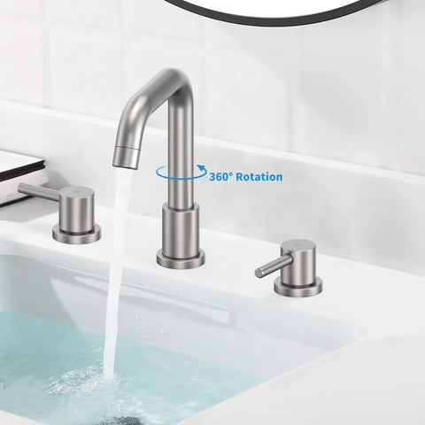 8 Inch Widespread Bathroom Faucet With 3 Hole Mount Two Handles Pop Up Drain CUPC Lead Free Supply Hose Ceramic Valve Core For Smooth Leak Free Water Control In Brushed Nickel Finish installed on a white sink showing water flow and 360° rotation feature.