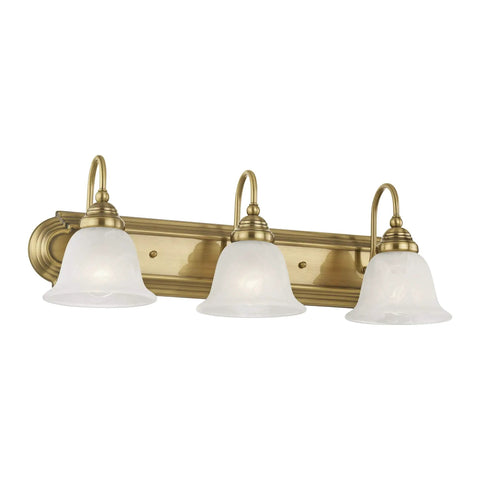 Antique Brass Bath Vanity Light With White Alabaster Glass Shades 24 Inch Wide Eight And A Half Inch Deep Four Point Seven Five Inch Back Plate Classic Steel Build Model 1003 01 Perfect For A Bright Modern Meets Vintage Bathroom Vibe