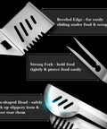 Pro Grade Stainless Grill Tools Set 3 Piece BBQ Utensils Spatula Tongs Fork With Insulated Glove Built For Outdoor Grillin closeup
