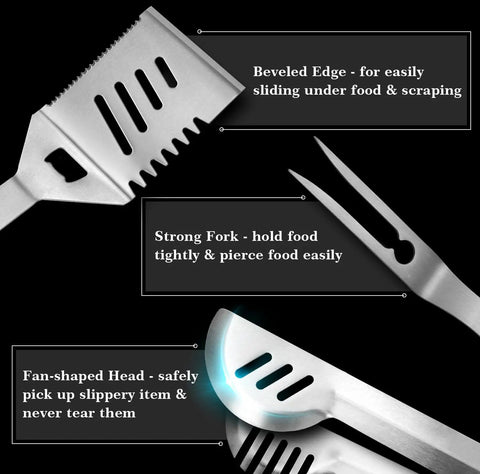 Pro Grade Stainless Grill Tools Set 3 Piece BBQ Utensils Spatula Tongs Fork With Insulated Glove Built For Outdoor Grillin closeup