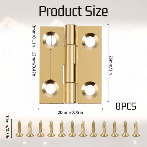 Eight Piece One Inch Brass Hinges Set With Thirty Eight Gold Screws For Jewelry Boxes Small Cabinets Drawers And Folding Cabinets