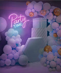 Lit LED Neon Light Sign With Dimmable Switch For Birthdays Weddings Parties And Festivals Indoor Outdoor Decor Safe Energy Saving Silicone Tube Light Strip illuminating 'Party Time' in balloon-decorated room