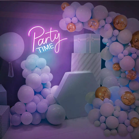 Lit LED Neon Light Sign With Dimmable Switch For Birthdays Weddings Parties And Festivals Indoor Outdoor Decor Safe Energy Saving Silicone Tube Light Strip illuminating 'Party Time' in balloon-decorated room