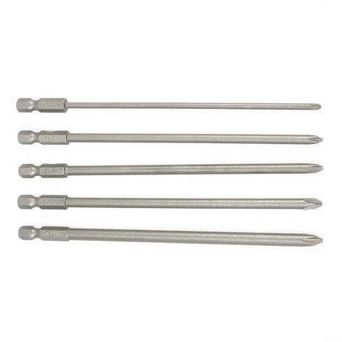 5 Piece Long Screwdriver Bits Set With Strong Magnetic Hold And Extra Tough Alloy Steel Construction For Electric Drill Driver Manual Use Featuring 1/4 Inch Hex Shank PH1 And PH2 Tips For Super Fast High Torque Fastener Jobs That Rock. Five long alloy steel PH1 and PH2 magnetic bits