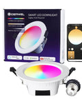 ZigBee 3.0 Smart Retrofit Recessed Lighting 5″,RGBWW LED Downlight 1 Pack next to smartphone showing color changing options.