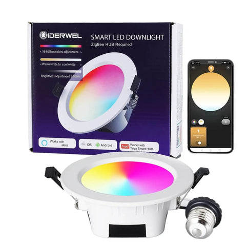 ZigBee 3.0 Smart Retrofit Recessed Lighting 5″,RGBWW LED Downlight 1 Pack next to smartphone showing color changing options.