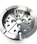 Pro Tek 48296 G3 Wood Lathe Chuck Kit With 2 Inch Standard Jaws, nickel-plated chuck, top view showcasing serrated profile design.