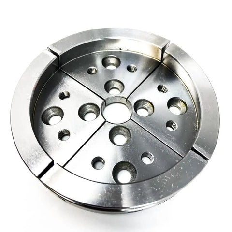 Pro Tek 48296 G3 Wood Lathe Chuck Kit With 2 Inch Standard Jaws, nickel-plated chuck, top view showcasing serrated profile design.