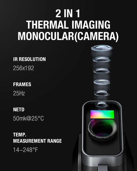 Diagram showing 2-In-1 Thermal Monocular With 256x192 Resolution, 11mm Focal Lens And 12 Micron Infrared Detector details.