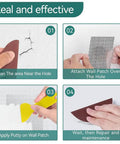 Four-step guide showing how to use the Eight Piece Aluminum Fiber Mesh Spackle Patch Kit for Drywall Repair Quick and Easy Wall Hole Fix DIY Friendly