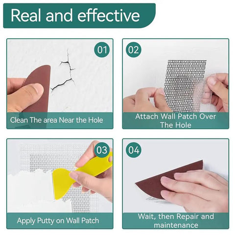 Four-step guide showing how to use the Eight Piece Aluminum Fiber Mesh Spackle Patch Kit for Drywall Repair Quick and Easy Wall Hole Fix DIY Friendly