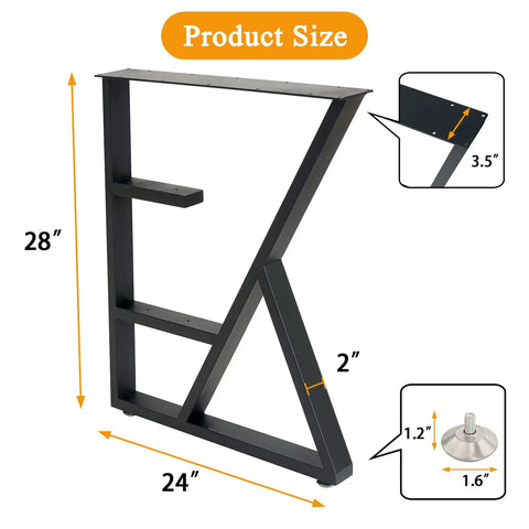 3-Tier Metal Table Legs Set Of 2, Beefy Black Steel Desk And Dining Table Legs, 28 Inch Tall By 24 Inch Wide, K-Shaped Industrial Modern