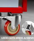 Tough As Nails Three Inch Swivel Caster Wheels With Brake Four Pack Red Polyurethane Rollers, showing locking mechanism.