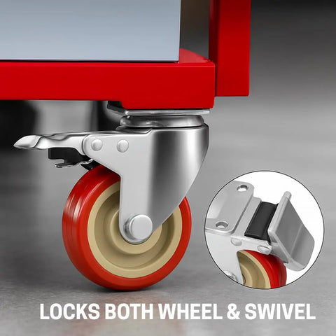 Tough As Nails Three Inch Swivel Caster Wheels With Brake Four Pack Red Polyurethane Rollers, showing locking mechanism.