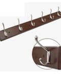 Beefy Wood And Zinc Alloy Wall Mounted Coat Rack With Rock Hard Hooks showing solid wood base and five zinc alloy hooks.