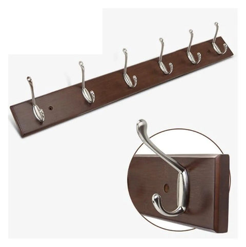 Beefy Wood And Zinc Alloy Wall Mounted Coat Rack With Rock Hard Hooks showing solid wood base and five zinc alloy hooks.